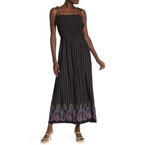 CeCe Black Purple Paisley Smocked Adjustable Straps Maxi Dress Size XS